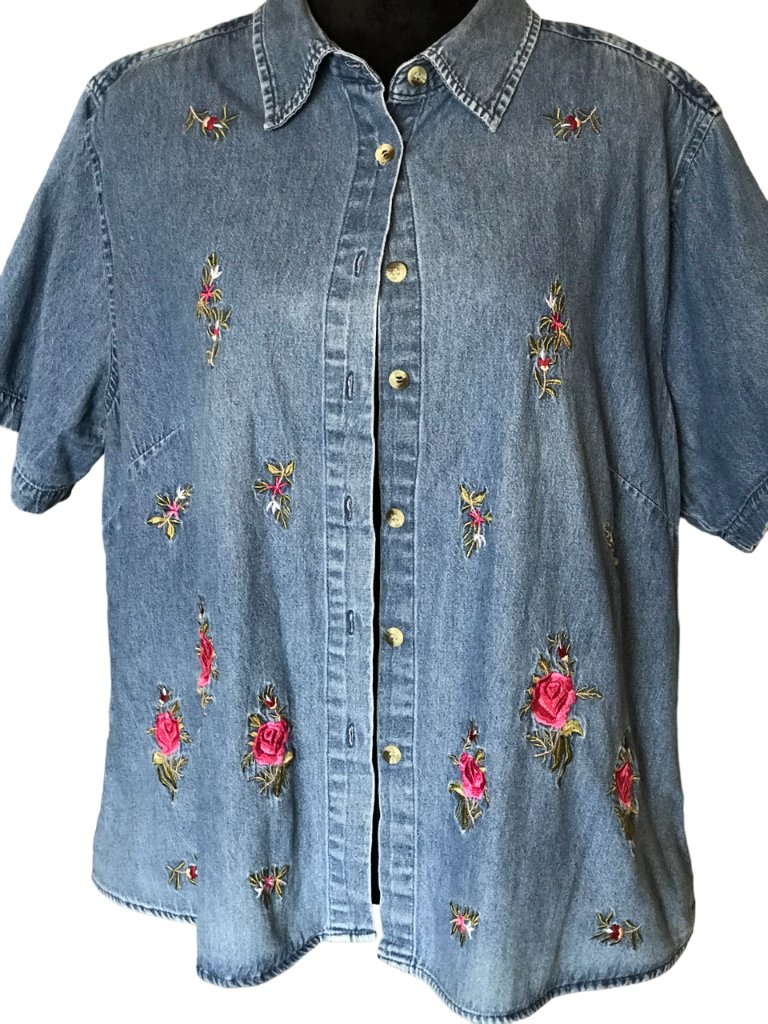 Capistrano Jeans Denim Shirt Vintage 80s, Pink Red Rose Embroidery Size L-Xl